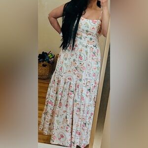 Floral Peach Print Tiered Maxi Dress- White/Pink